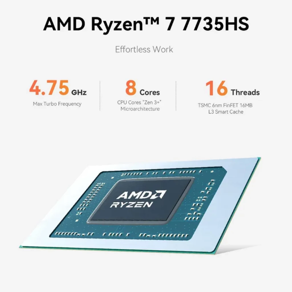 Chip AMD Ryzen 7 7735HS con 8 núcleos y 16 hilos, turbo 4.75 GHz, litografía TSMC 6 nm y 16 MB L3; placa verde con encapsulado Ryzen central