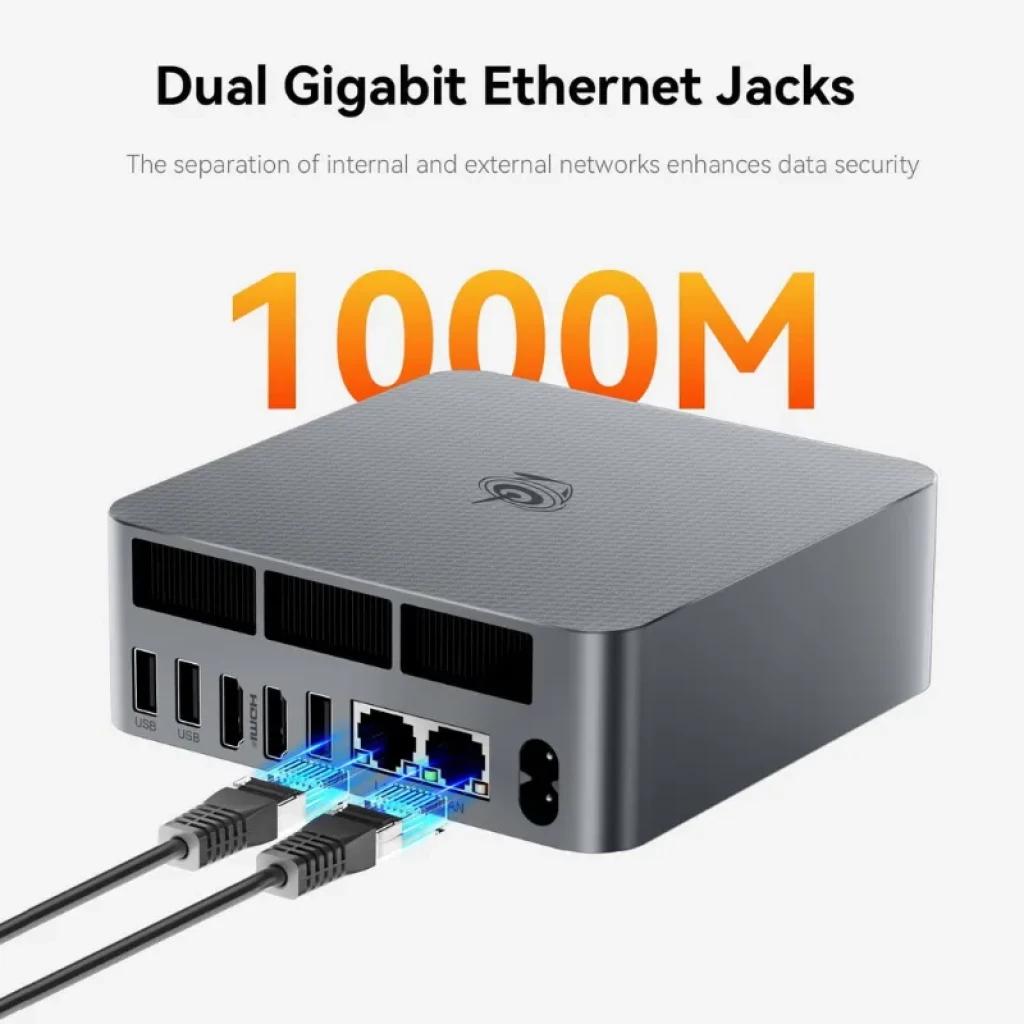 Beelink EQR7 Mini PC gris con dos puertos Ethernet gigabit; compacto y enfocado en red 1000M y conectividad versátil