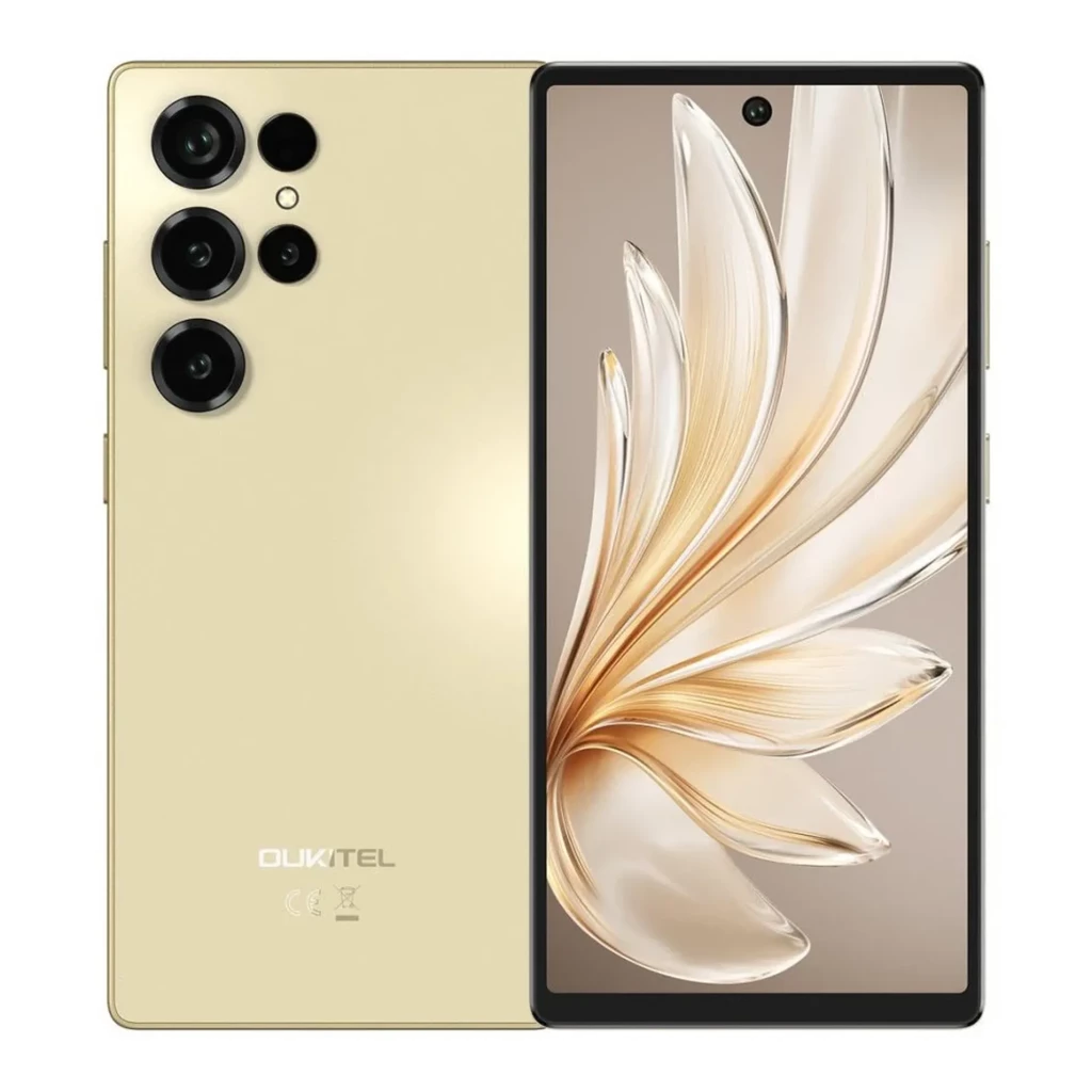 Oukitel C66 dorado con pantalla de 6.73 pulgadas borde a borde, cámara frontal en orificio y módulo trasero con múltiples lentes grandes y flash