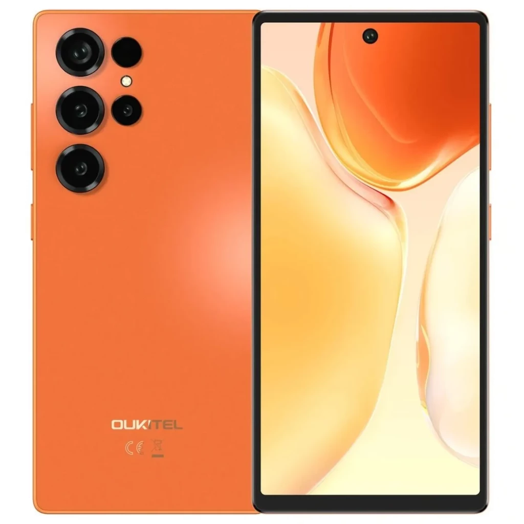 Oukitel C66 naranja con pantalla amplia sin bordes, cámara trasera cuádruple con lentes grandes, frontal perforado centrado y acabado mate elegante