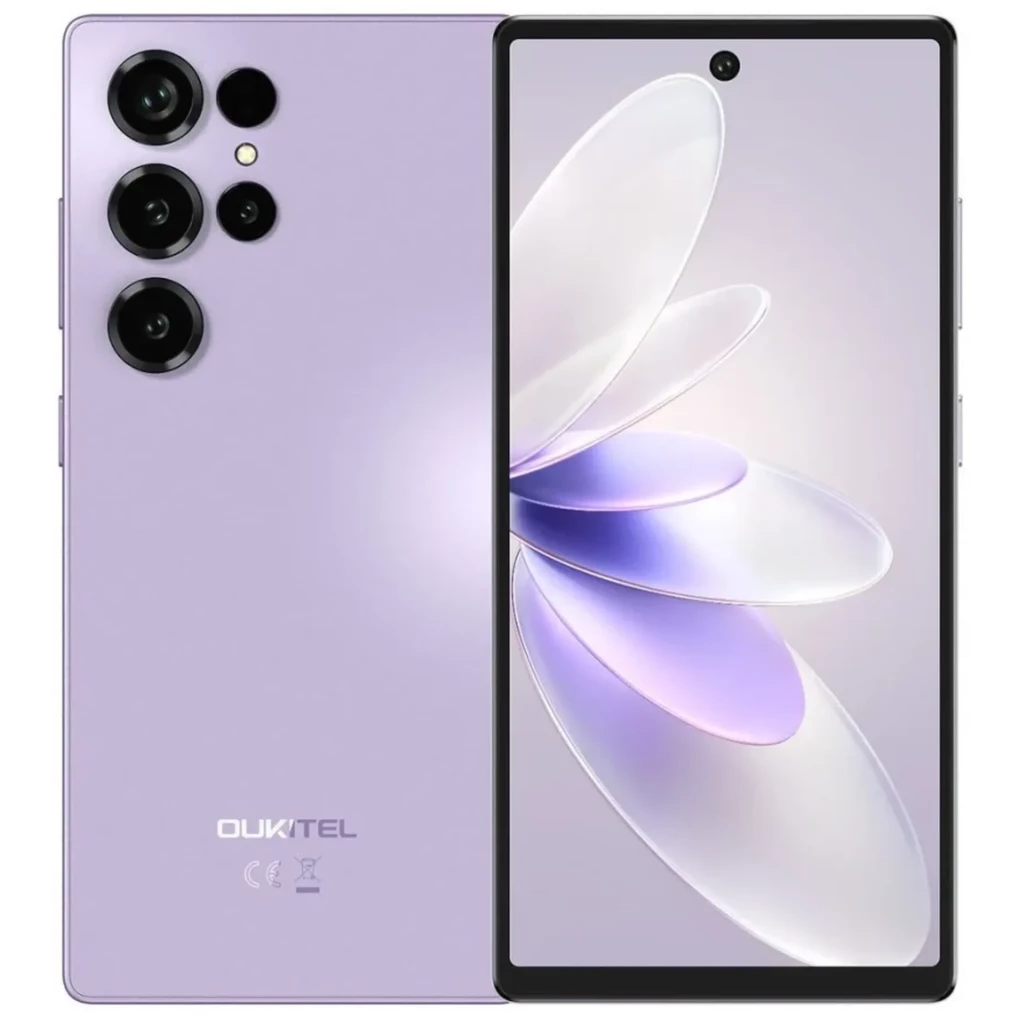 Oukitel C66 púrpura con triple cámara trasera grande, flash LED, pantalla HD+ casi sin bordes y agujero central para la cámara frontal, diseño elegante