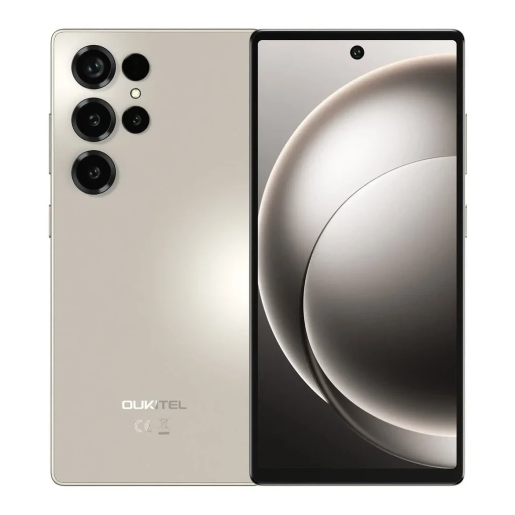 Oukitel C66 128GB gris con gran pantalla perforada y biseles finos, módulo trasero con cuatro cámaras y flash, acabado metálico elegante y bordes rectos