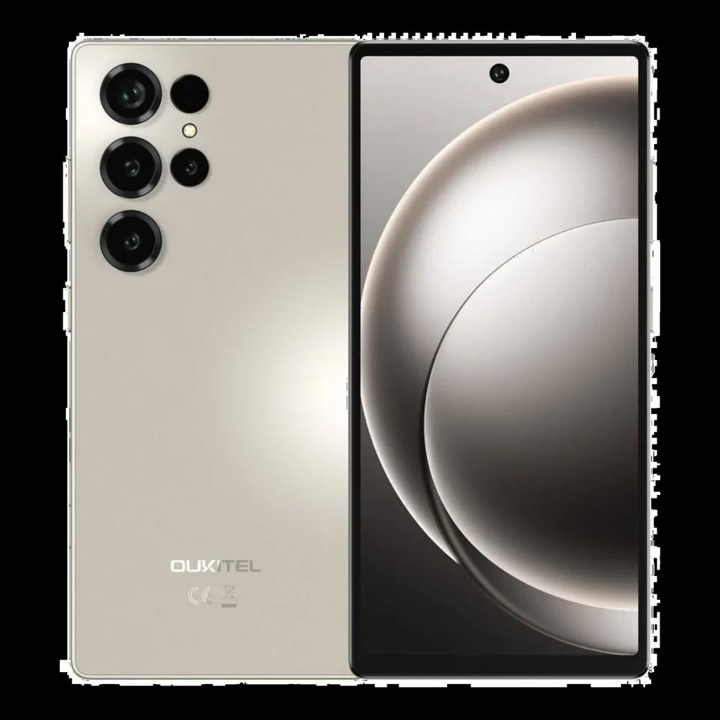 Oukitel C66 128GB gris con gran pantalla perforada y biseles finos, módulo trasero con cuatro cámaras y flash, acabado metálico elegante y bordes rectos