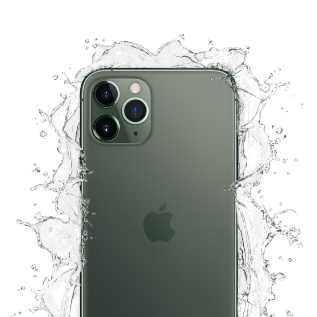 iPhone 11 Pro Max 256Go Vert Nuit rénové excellent état avec triple capteur arrière, boîtier vert mat et résistance à l’eau, logo Apple centré