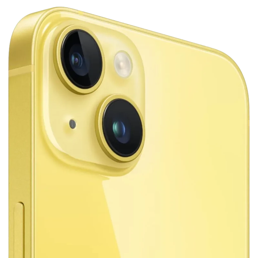 iPhone 14 128Go jaune Renewed État Excellent, dos brillant avec double appareil photo arrière, bords arrondis et finitions soignées