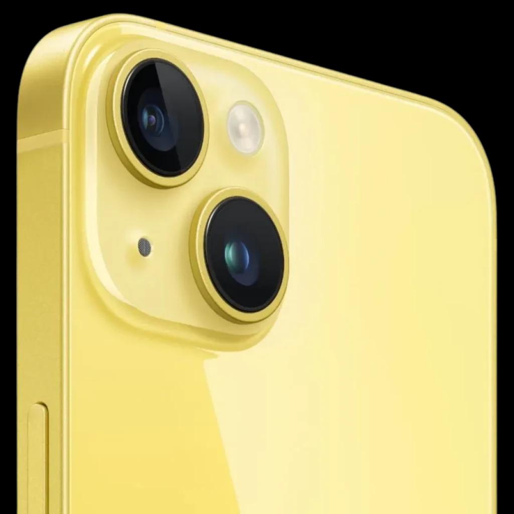 iPhone 14 128Go jaune Renewed État Excellent, dos brillant avec double appareil photo arrière, bords arrondis et finitions soignées