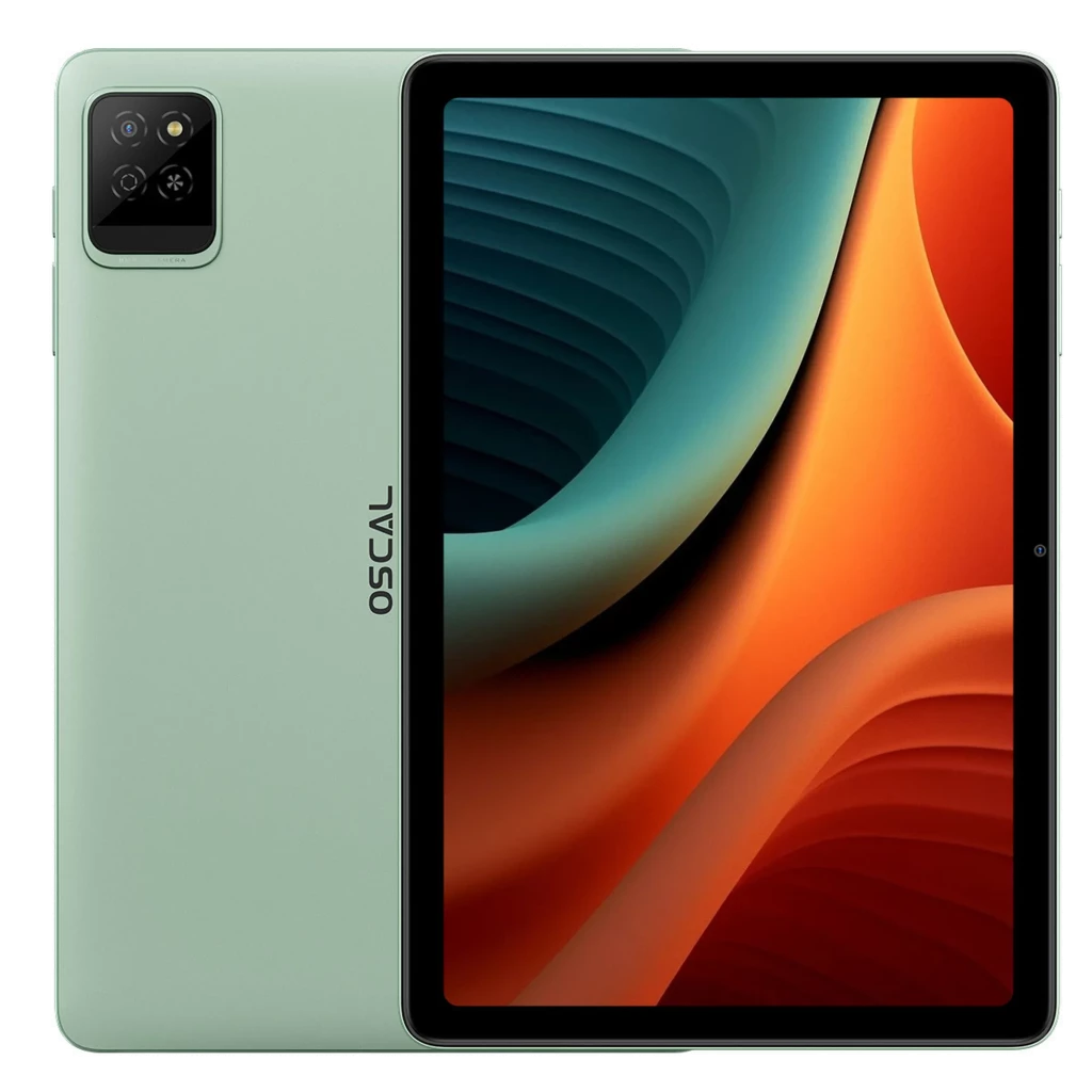 Tablet Oscal Pad 30 verde com tela grande de bordas finas, câmera traseira dupla em módulo quadrado, logotipo OSCAL lateral e acabamento fosco elegante