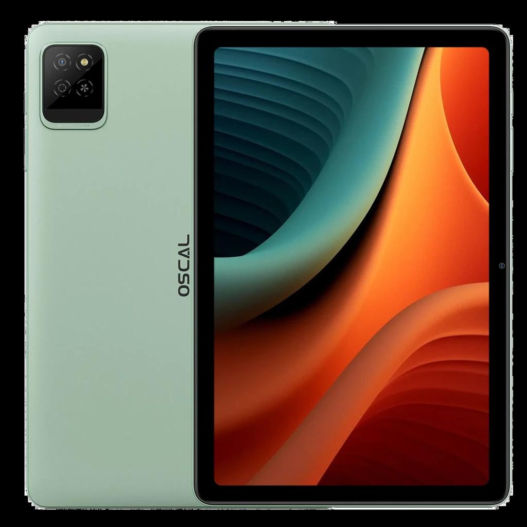 Tablet Oscal Pad 30 verde com tela grande de bordas finas, câmera traseira dupla em módulo quadrado, logotipo OSCAL lateral e acabamento fosco elegante