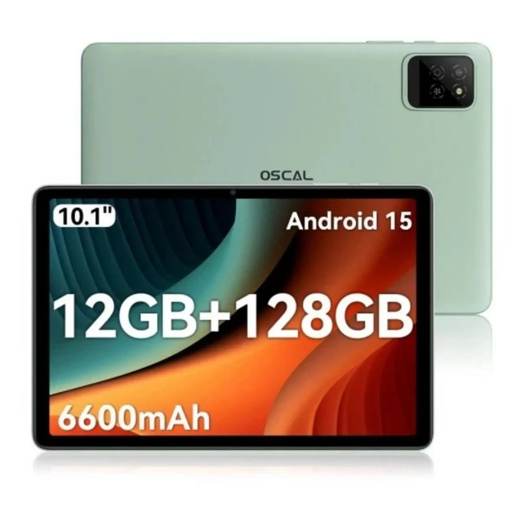 Tablet verde 10,1 pol com tela ampla, câmera traseira dupla, bordas finas e corpo slim; destaque para 128 GB e bateria 6600 mAh visíveis na tela