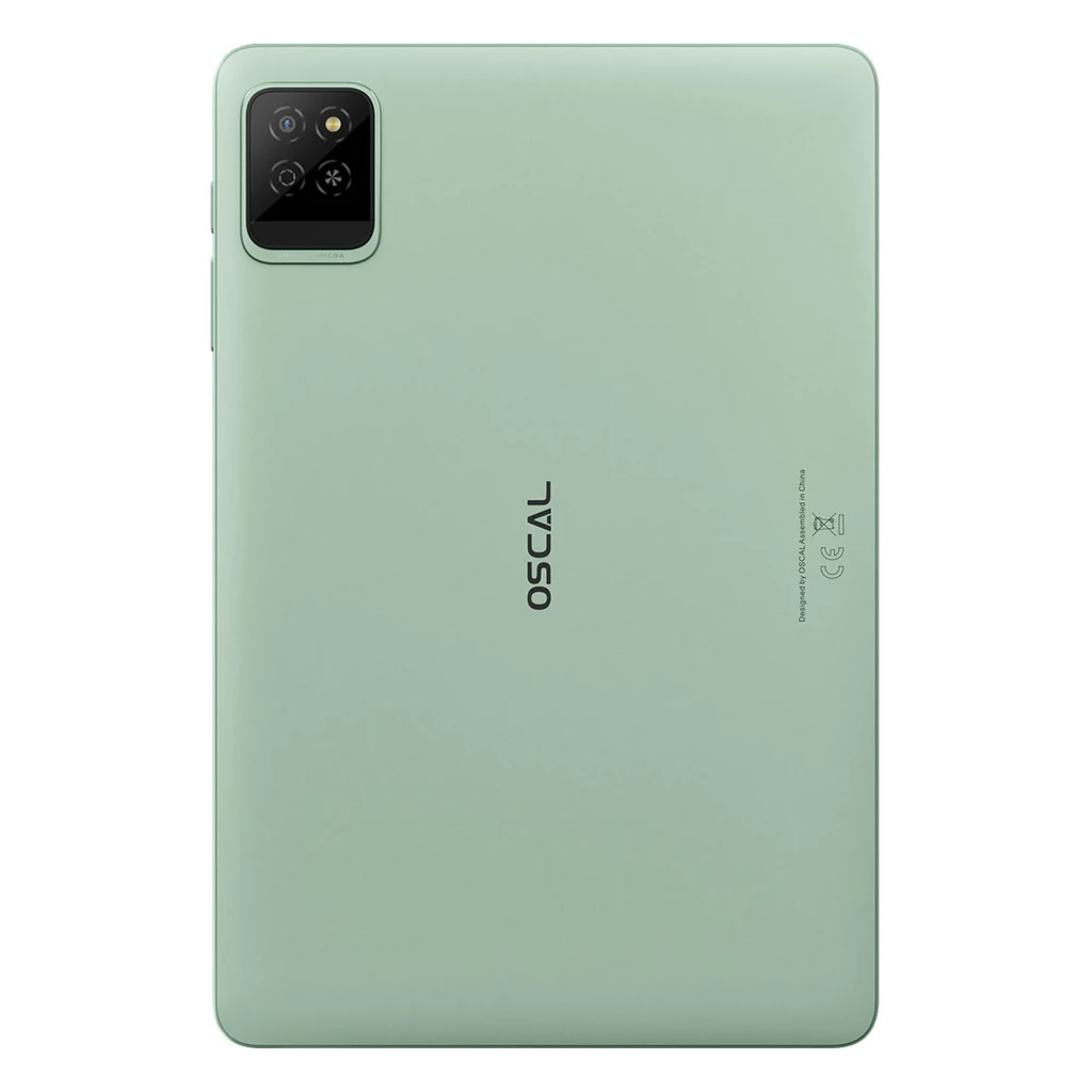 Tablet Oscal Pad 30 Wifi verde menta, traseira lisa com logotipo central e módulo de câmera retangular no canto superior esquerdo com dupla lente e flash