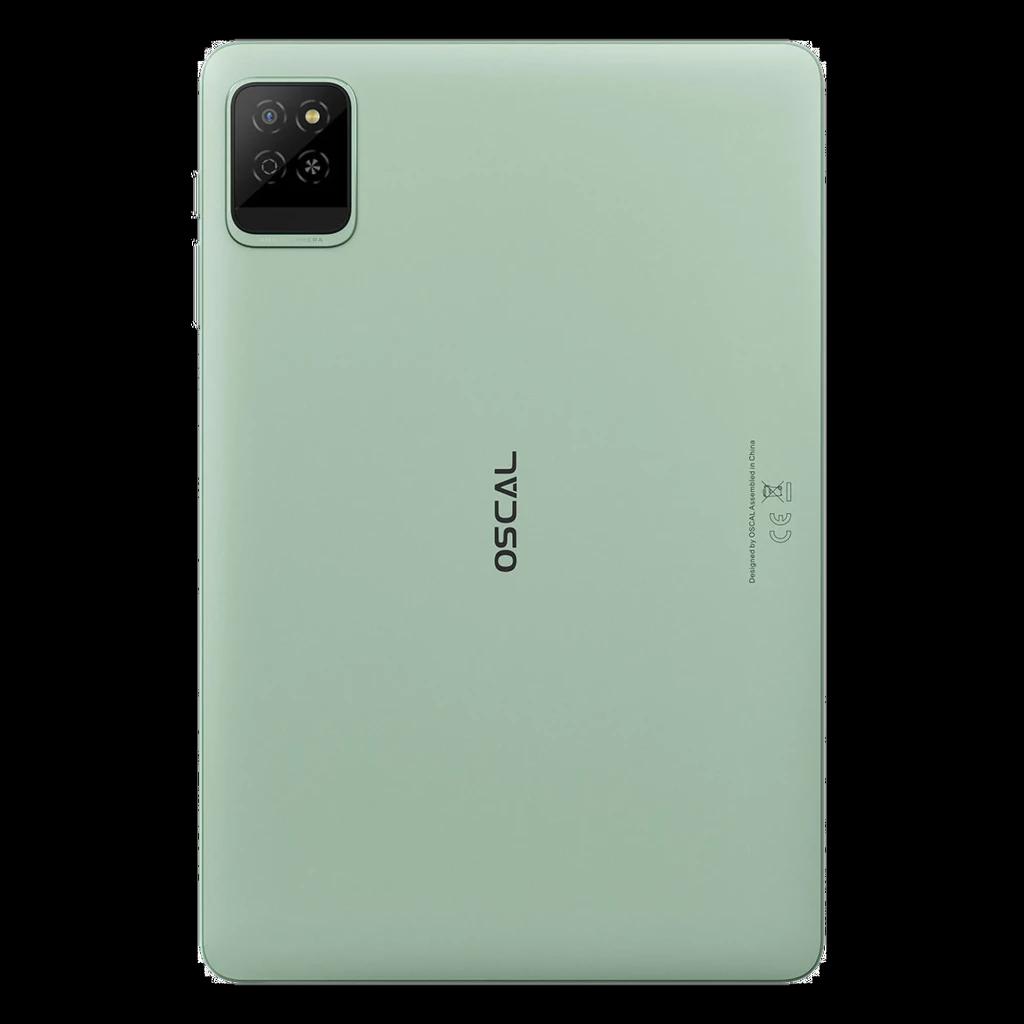 Tablet Oscal Pad 30 Wifi verde menta, traseira lisa com logotipo central e módulo de câmera retangular no canto superior esquerdo com dupla lente e flash