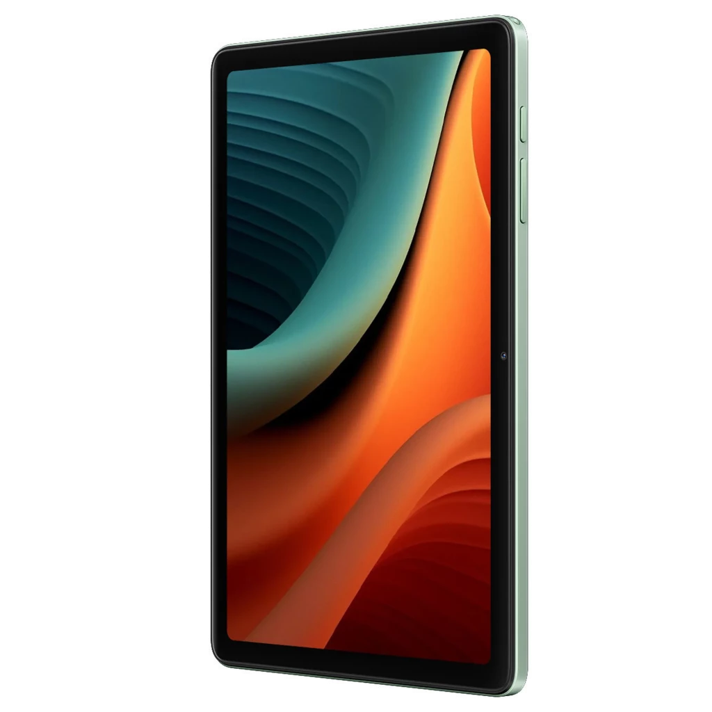 Tablet Oscal Pad 30 verde com tela grande bordas finas corpo slim em metal botões laterais e câmera frontal centralizada