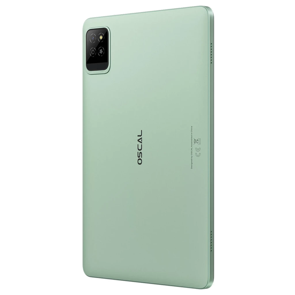 Tablet verde Oscal Pad 30 Wi‑Fi com traseira fosca, câmera dupla em módulo quadrado preto, bordas arredondadas e corpo fino elegante