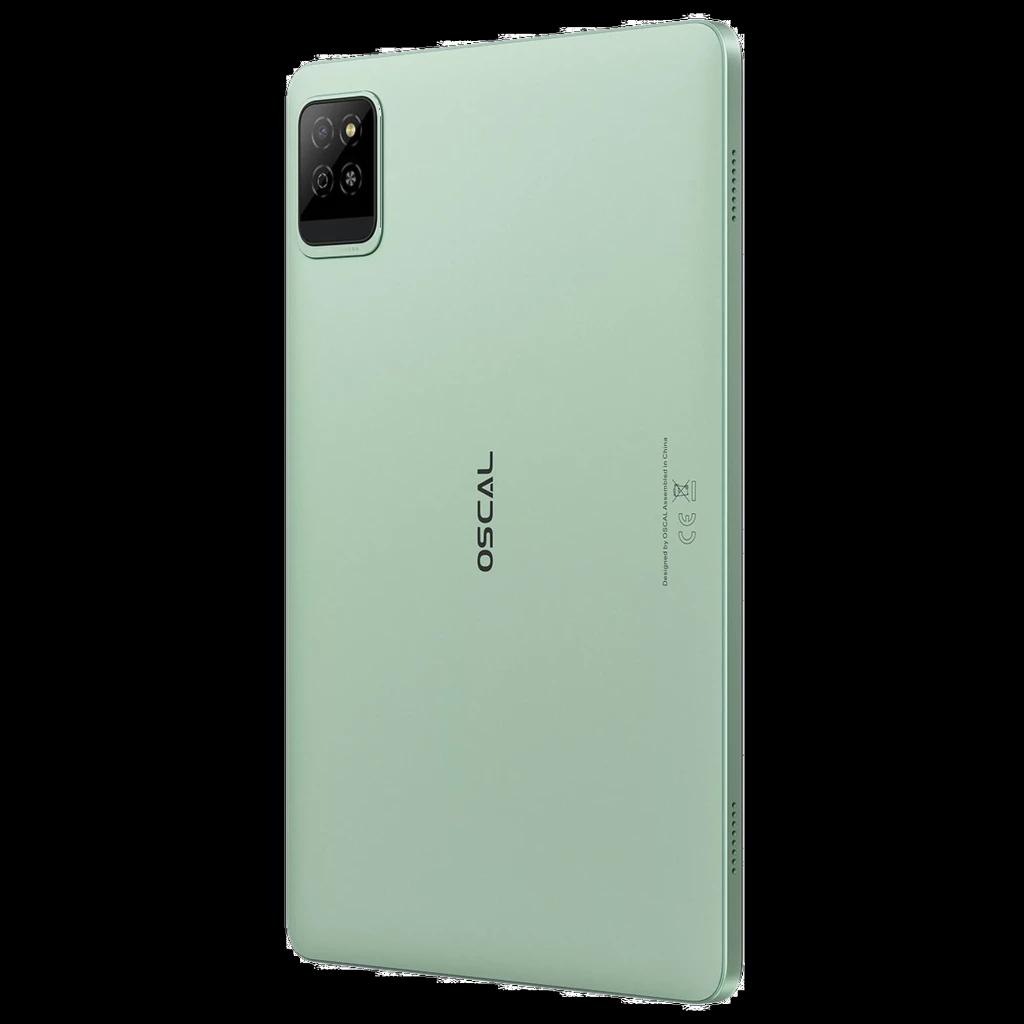 Tablet verde Oscal Pad 30 Wi‑Fi com traseira fosca, câmera dupla em módulo quadrado preto, bordas arredondadas e corpo fino elegante
