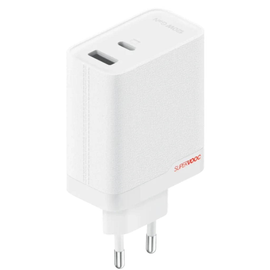 Cargador ONEPLUS SUPERVOOC blanco con dos puertos USB C y USB A, 120W GaN, acabado texturizado, logotipos en relieve y clavija europea, incluye cable USB C