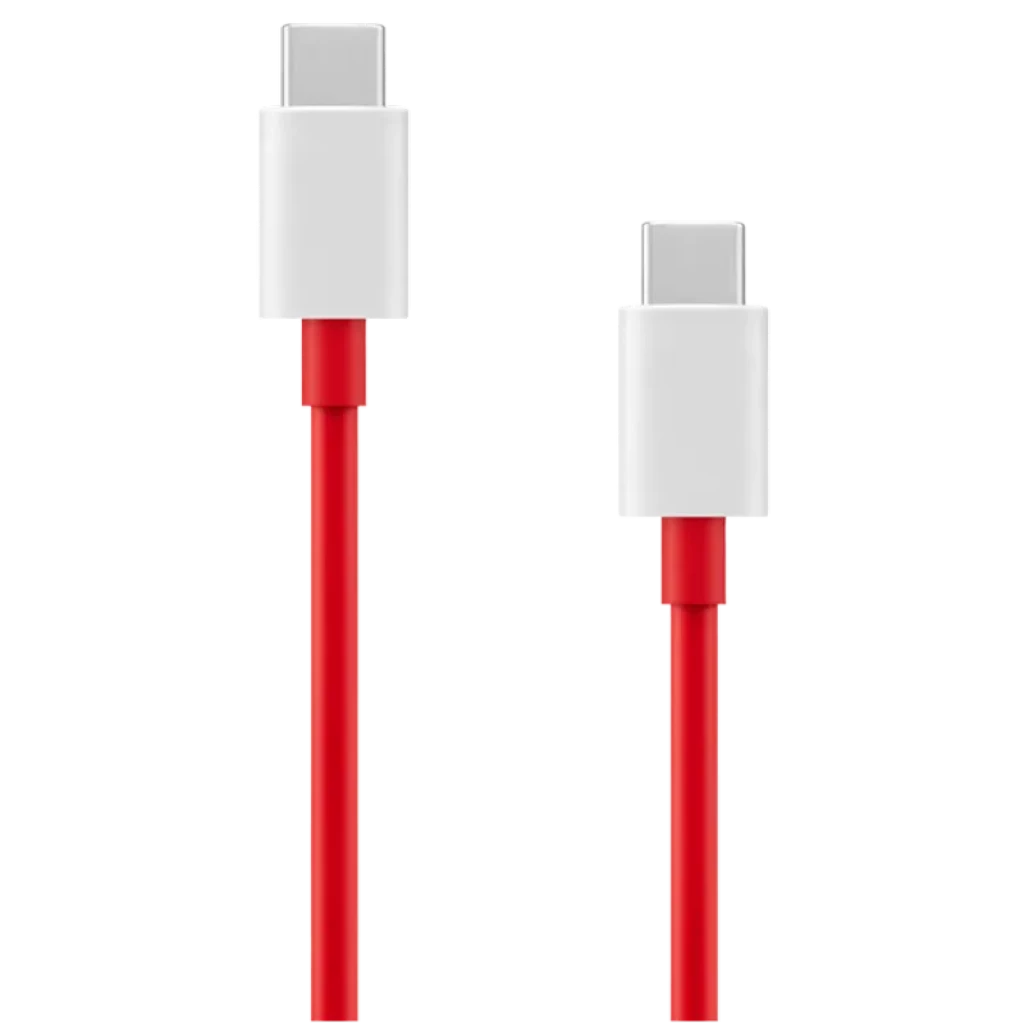 Cable USB-C a USB-C OnePlus rojo con conectores blancos, diseño robusto y punta reversible, ideal para carga SuperVOOC y transferencia rápida