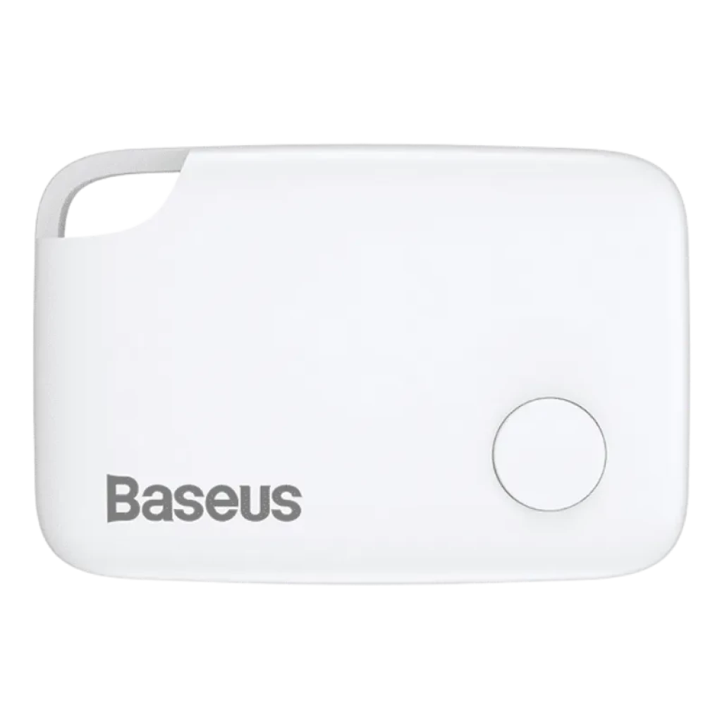 Baseus Intelligent T2 - Dispositif de localisation blanc, compact, coin découpé pour accroche, bouton rond frontal, logo Baseus gris, design minimaliste