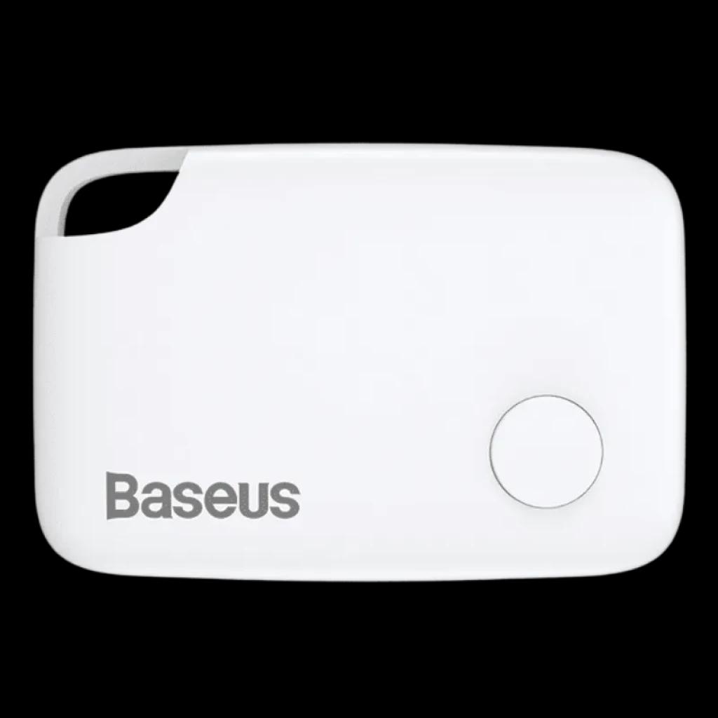 Baseus Intelligent T2 - Dispositif de localisation blanc, compact, coin découpé pour accroche, bouton rond frontal, logo Baseus gris, design minimaliste