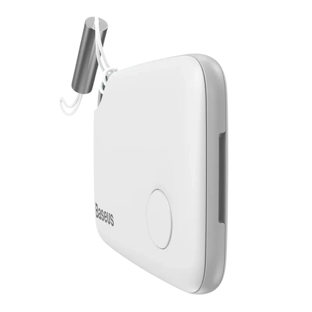 Baseus Intelligent T2 - Dispositif de localisation compact blanc, boîtier rectangulaire aux bords arrondis, bouton circulaire frontal, encoche latérale,