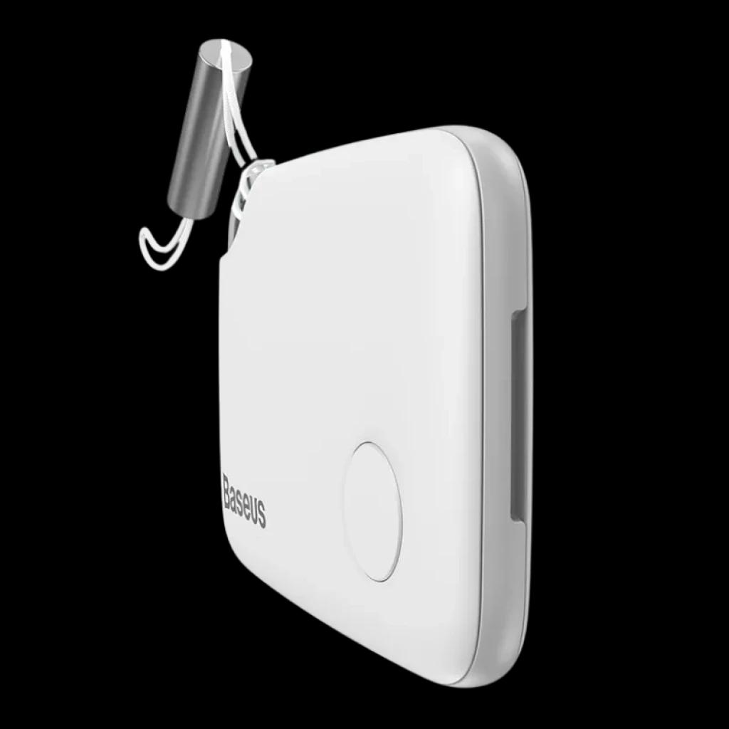 Baseus Intelligent T2 - Dispositif de localisation compact blanc, boîtier rectangulaire aux bords arrondis, bouton circulaire frontal, encoche latérale,