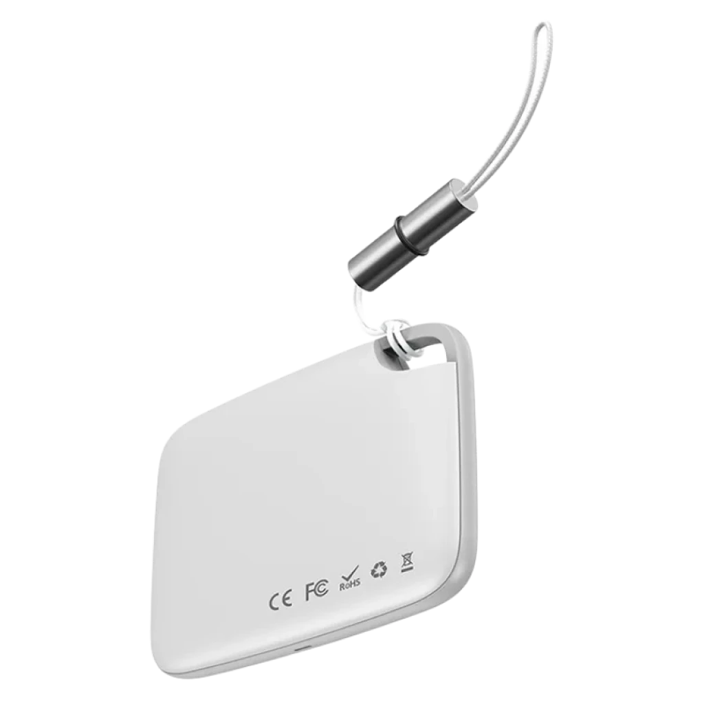 Baseus Intelligent T2 - Dispositif de localisation blanc, format carré ultra-fin, coins arrondis, œillet intégré et dragonne tressée, marquages CE et FCC