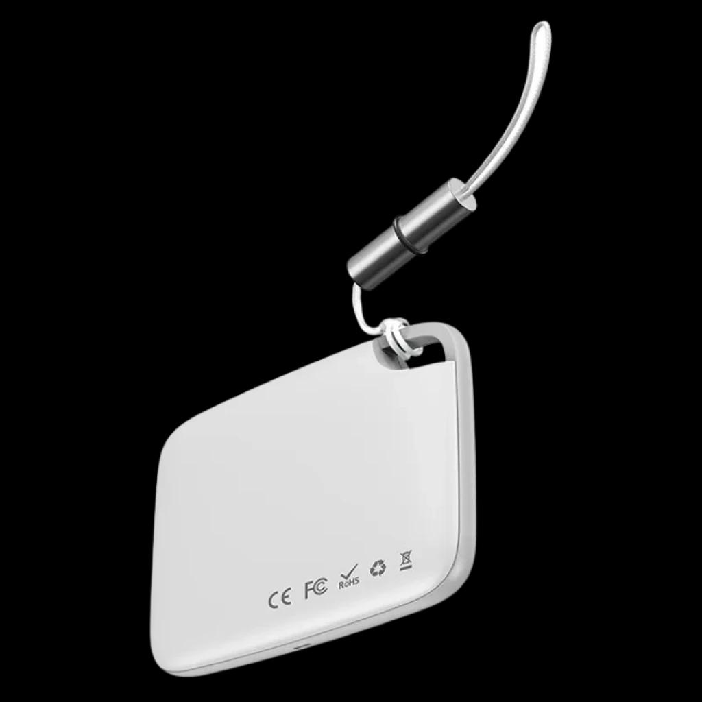Baseus Intelligent T2 - Dispositif de localisation blanc, format carré ultra-fin, coins arrondis, œillet intégré et dragonne tressée, marquages CE et FCC