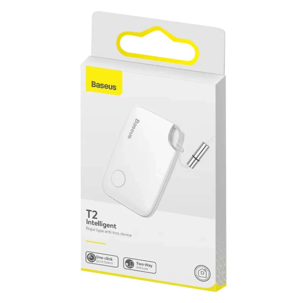 Baseus Intelligent T2 - Dispositif de localisation blanc, compact et plat, bouton central rond, cordon amovible fin, emballage jaune et blanc soigné.