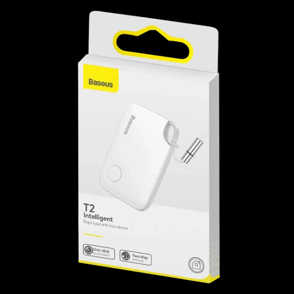 Baseus Intelligent T2 - Dispositif de localisation blanc, compact et plat, bouton central rond, cordon amovible fin, emballage jaune et blanc soigné.
