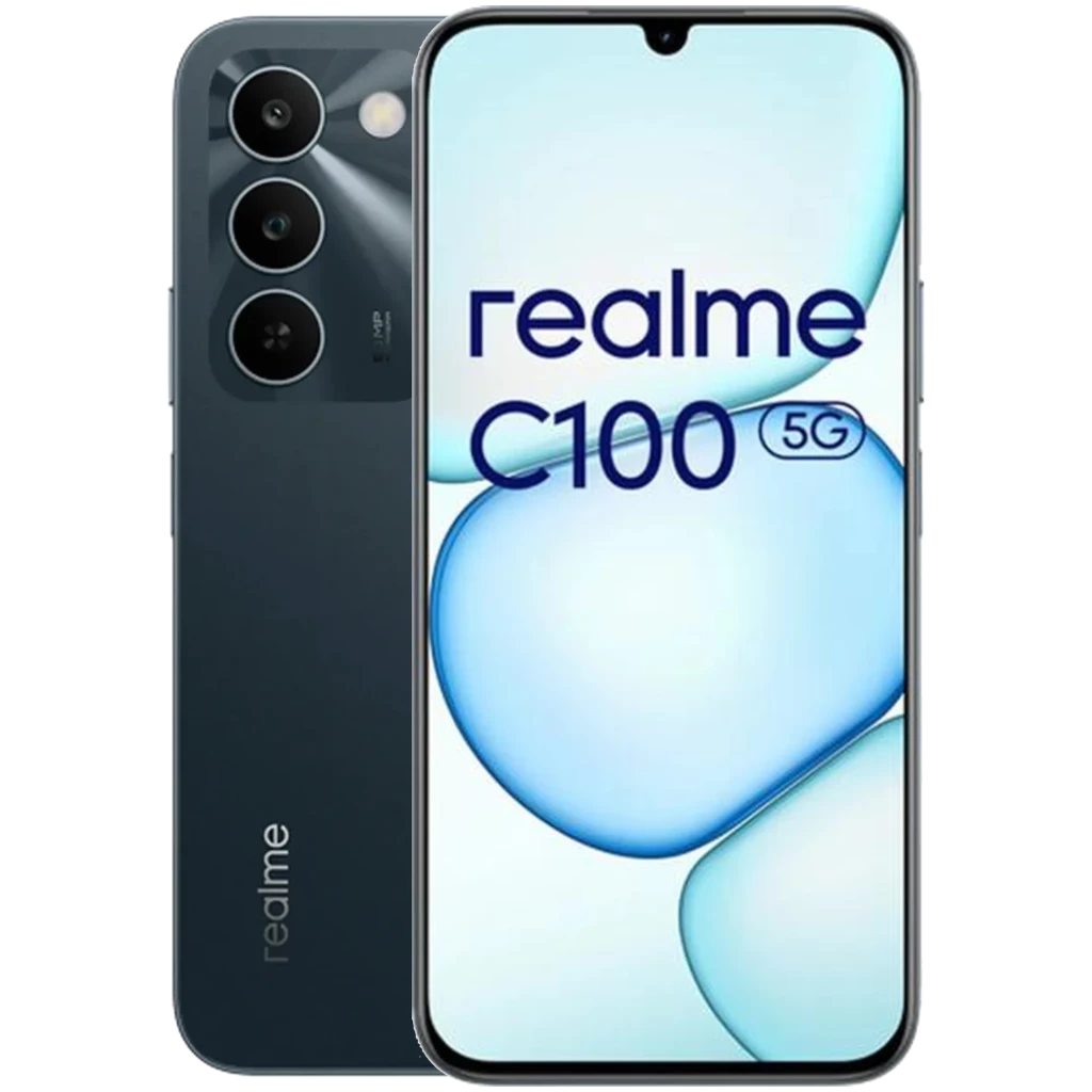 Smartphone Realme C100 5G verde con pantalla grande de borde fino, notch en gota, triple cámara trasera con anillos y acabado mate elegante