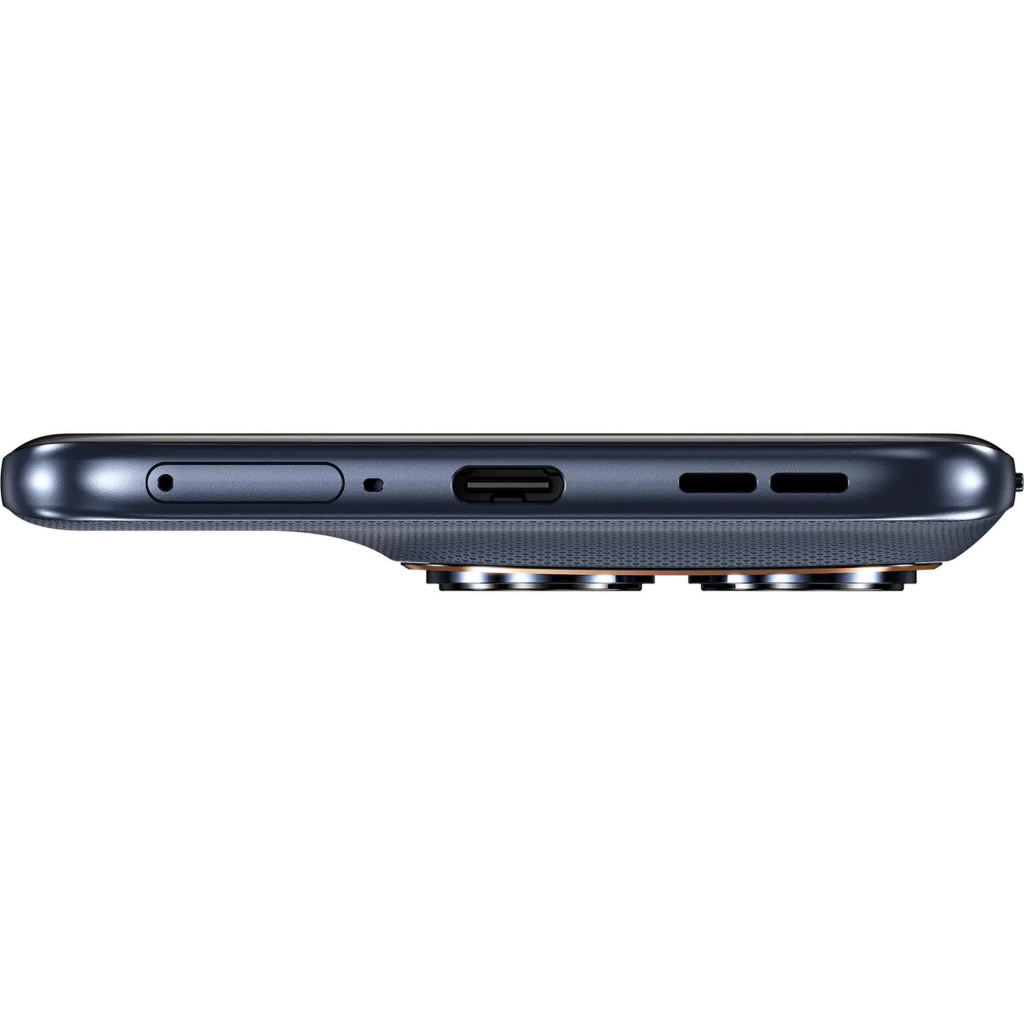 Borde inferior del Motorola Moto Edge 70 Fusion en color Silhouette con puerto USB-C, ranura SIM y doble módulo de cámara trasera sobresaliente