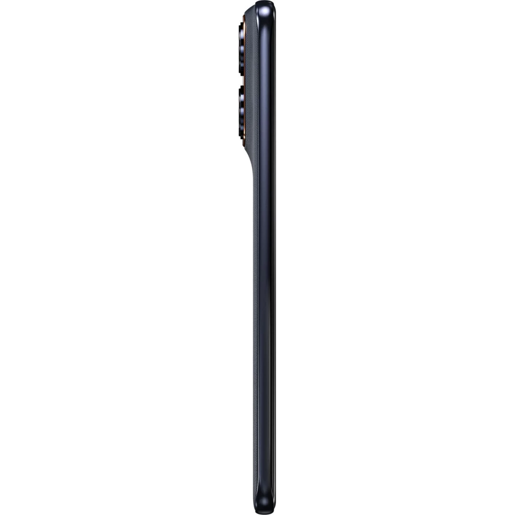 Perfil lateral del Motorola Moto Edge 70 Fusion en color PANTONE Silhouette, diseño ultradelgado con módulo de cámaras traseras sobresaliente y acabados
