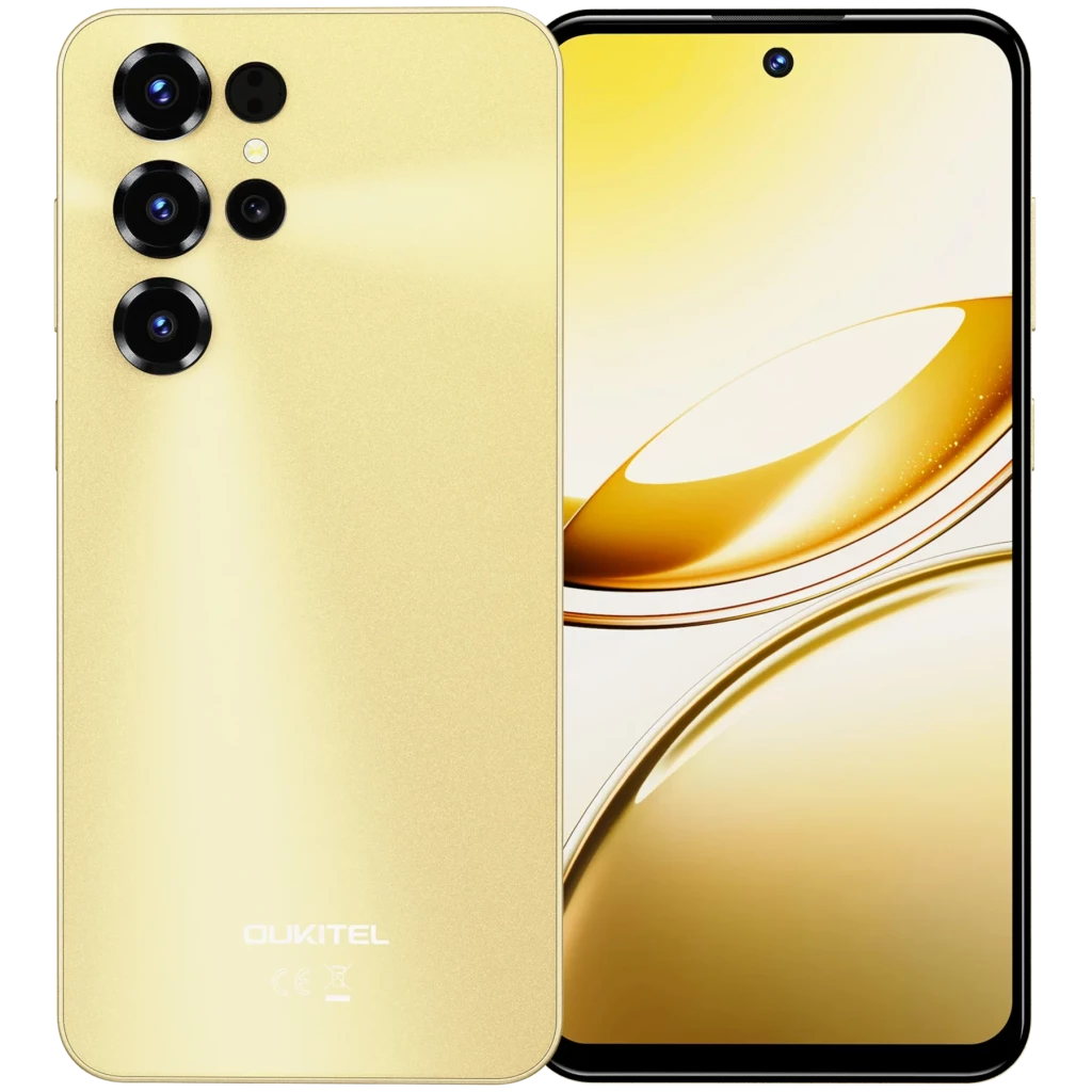 Oukitel C68 dorado con pantalla casi sin bordes y cámara trasera cuádruple; frontal con perforación central, acabado metálico brillante y logo Oukitel abajo