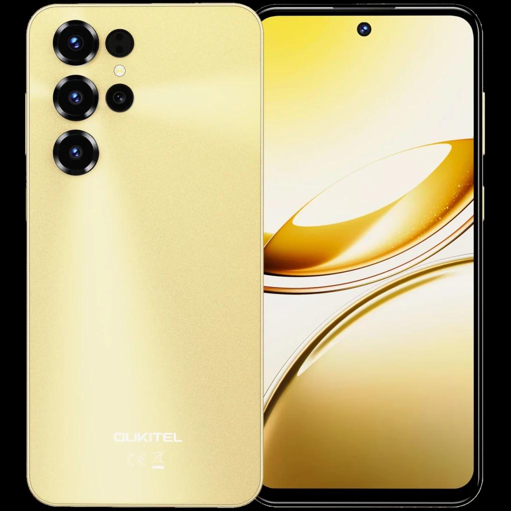 Oukitel C68 dorado con pantalla casi sin bordes y cámara trasera cuádruple; frontal con perforación central, acabado metálico brillante y logo Oukitel abajo