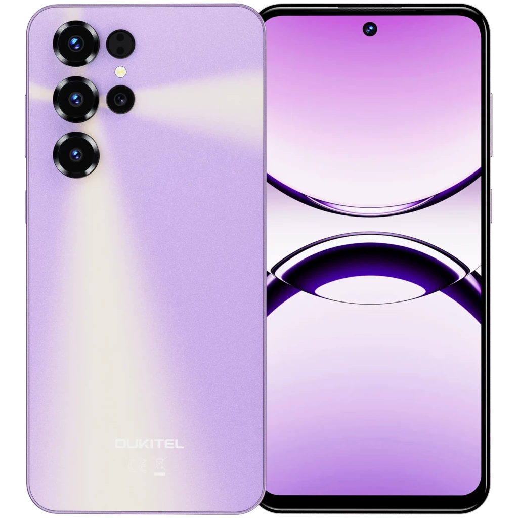 Oukitel C68 púrpura con pantalla completa perforada y marcos finos, módulo trasero con cuatro cámaras destacadas y acabado degradado brillante