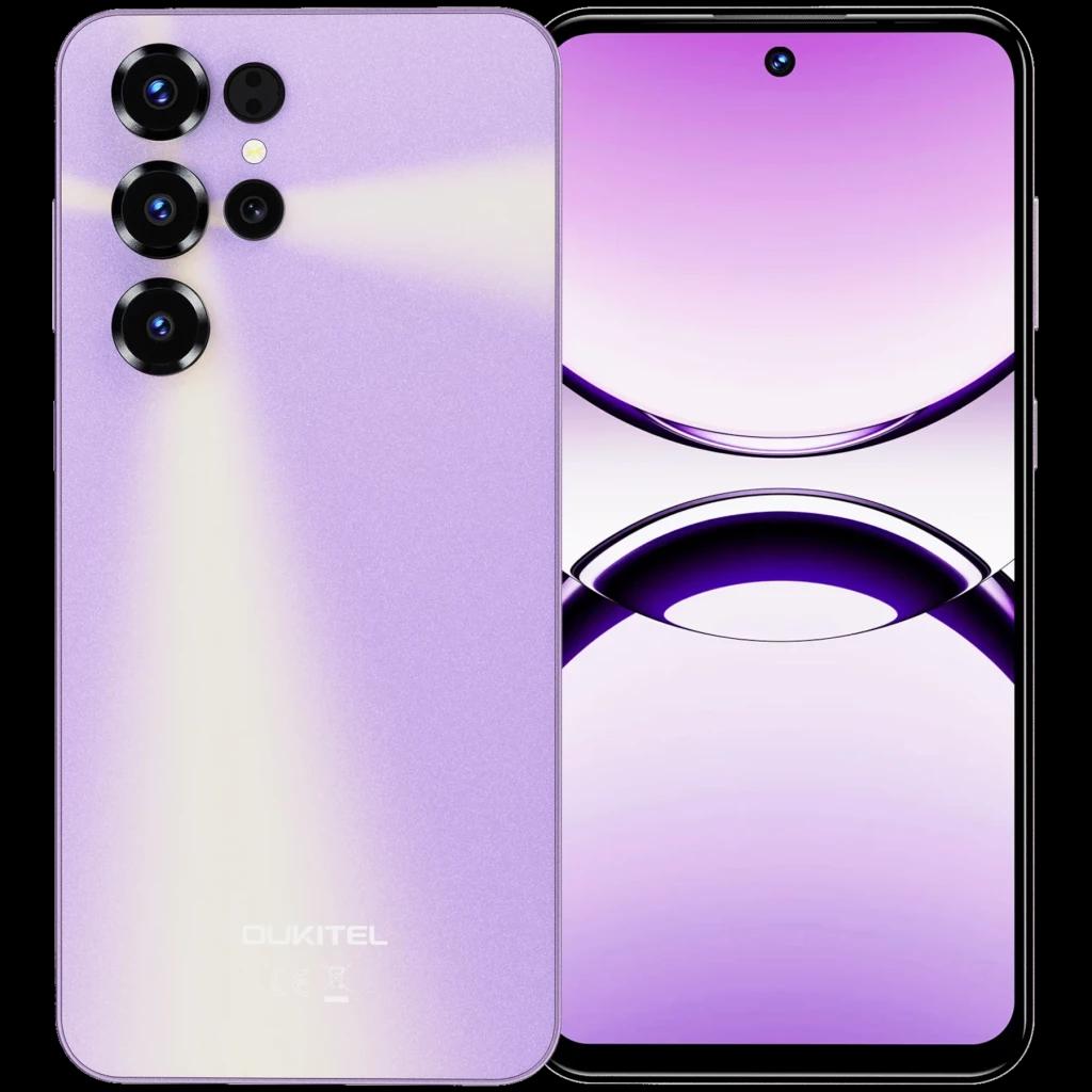 Oukitel C68 púrpura con pantalla completa perforada y marcos finos, módulo trasero con cuatro cámaras destacadas y acabado degradado brillante