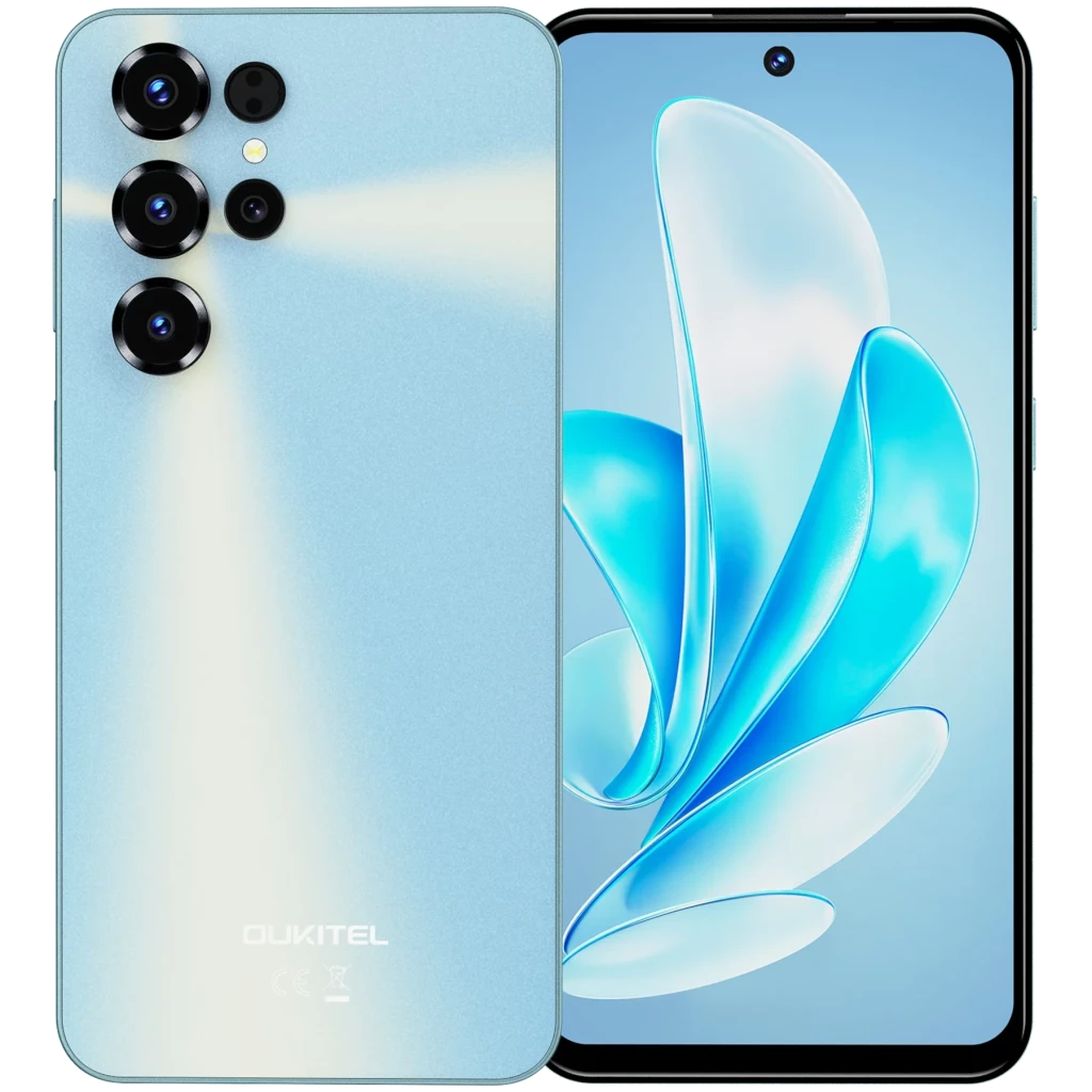 Oukitel C68 azul con pantalla 7.2 pulgadas perforada, marcos finos y tasa de 120 Hz; triple cámara trasera con lentes grandes y flash, acabado brillante