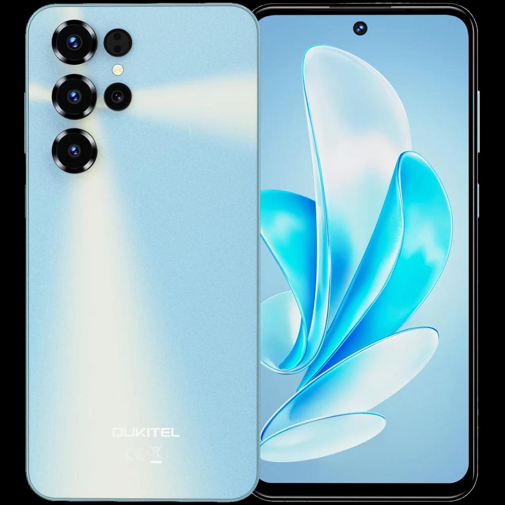 Oukitel C68 bleu 7,2 pouces, écran percé, dos dégradé scintillant, triple module photo proéminent, bords fins, design moderne et élégant