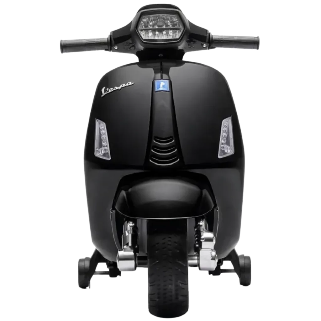 Vespa TR2502 6V preta infantil com faróis LED, emblema Piaggio, roda dianteira larga e acabamentos cromados, design clássico compacto e robusto