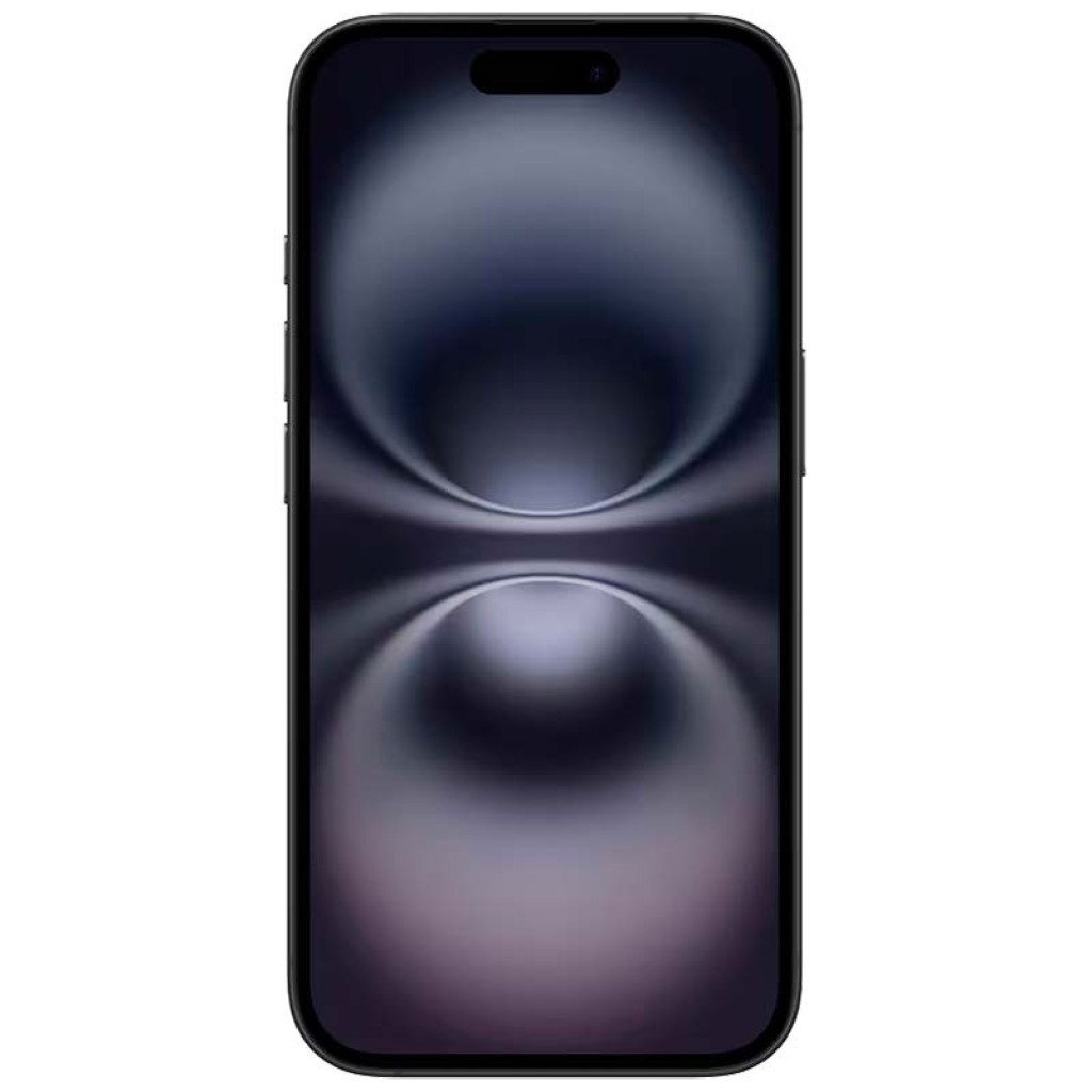 Frontal del iPhone 16 Plus 5G negro, pantalla grande con bordes delgados y notch en forma de pastilla; acabado premium reacondicionado, 256 GB