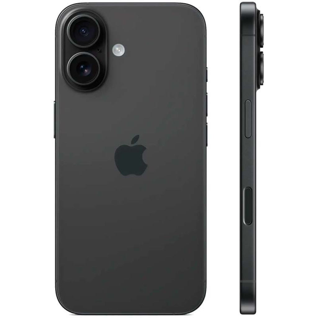 iPhone 16 Plus 5G negro reacondicionado premium, 256 GB. Trasera mate con logo Apple, doble cámara trasera vertical con flash y marco lateral delgado en negro
