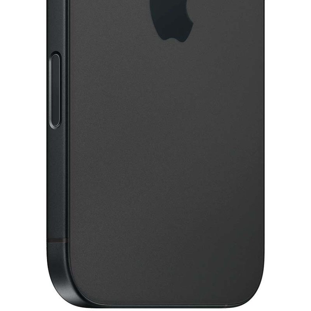 Lateral del iPhone 16 Plus negro con acabado mate, bordes rectos y botón de volumen visible. Modelo 5G 256 GB reacondicionado en estado premium