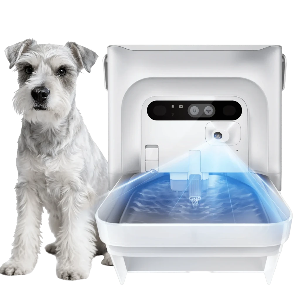 Bebedero automático blanco con bandeja amplia, chorro suave y sensores frontales. Diseño cuadrado, filtro visible y luz indicadora para agua fresca constante.
