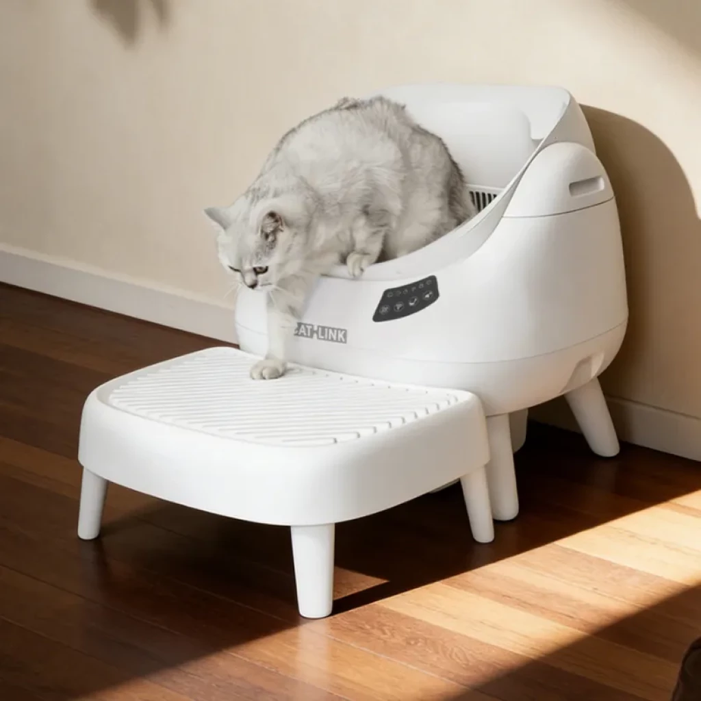 Escalera para Arenero CATLINK Open-X Blanco con plataforma antideslizante elevada, patas robustas y diseño minimalista