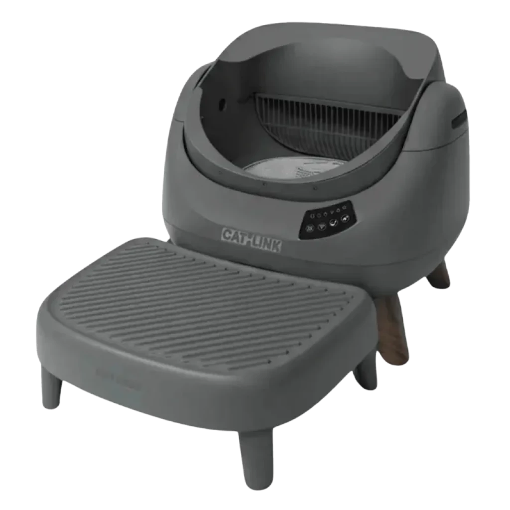 Escalera gris antideslizante para arenero CATLINK Open-X, superficie acanalada, patas estables y diseño bajo