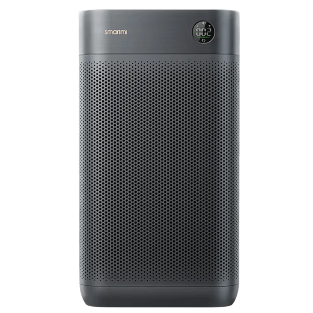 Smartmi Air Purifier 3 en color gris oscuro con panel frontal perforado, pantalla circular OLED en la esquina superior derecha y diseño rectangular compacto