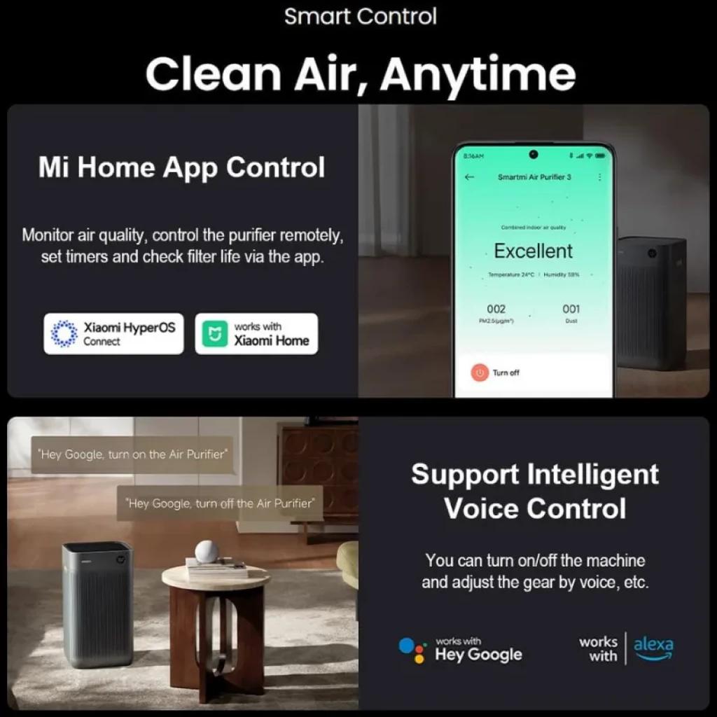 Smartmi Air Purifier 3 con control por app Mi Home, pantalla de estado del aire, encendido remoto y compatibilidad con Alexa y Google Assistant