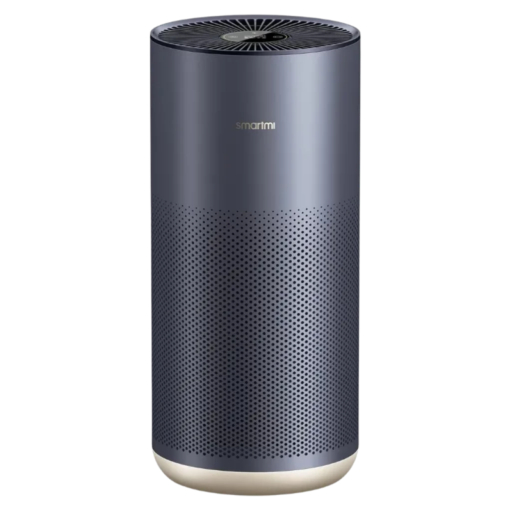 Smartmi Air Purifier 2 Purificador de Aire cilíndrico en gris oscuro con rejilla superior radial y cuerpo perforado 360°, base clara y diseño minimalista
