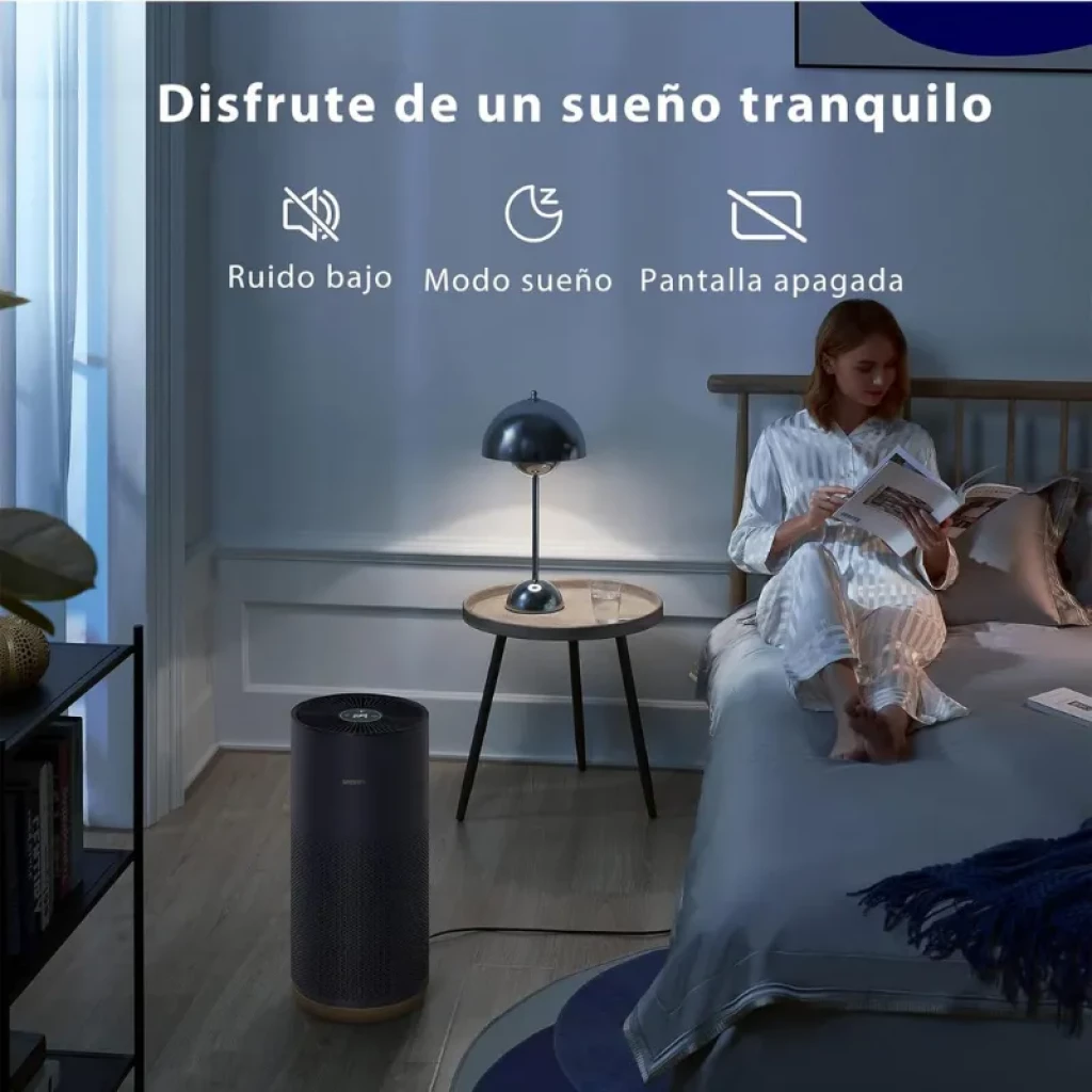 Smartmi Air Purifier 2 cilíndrico negro con base de madera, panel superior con rejilla y luz, ideal para dormitorio; destaca modo sueño, ruido bajo y