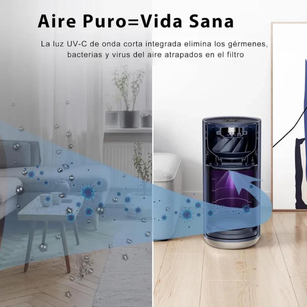 Smartmi Air Purifier 2 con luz UV-C integrada, carcasa cilíndrica negra, filtro interno visible y flecha azul indicando flujo de aire que elimina gérmenes y