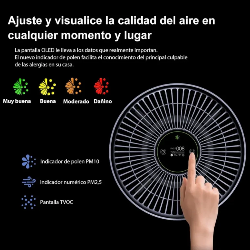 Smartmi Air Purifier 2 Purificador de Aire con pantalla OLED circular, indicador PM2.5, polen PM10 y TVOC, rejilla superior radial y control táctil central